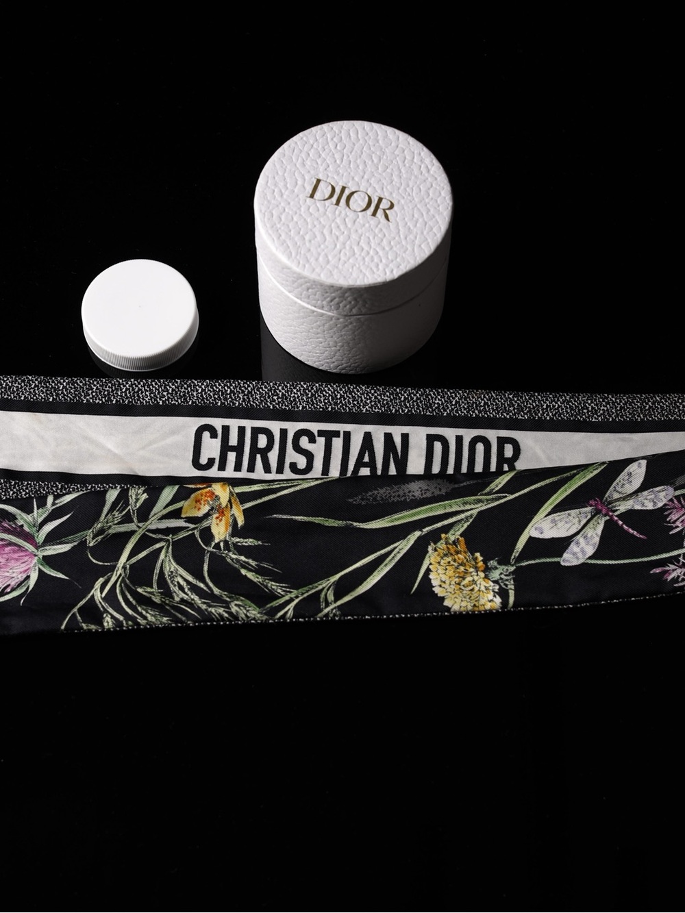 Dior Black Floral Silk Scarf with Christian Dior Branding